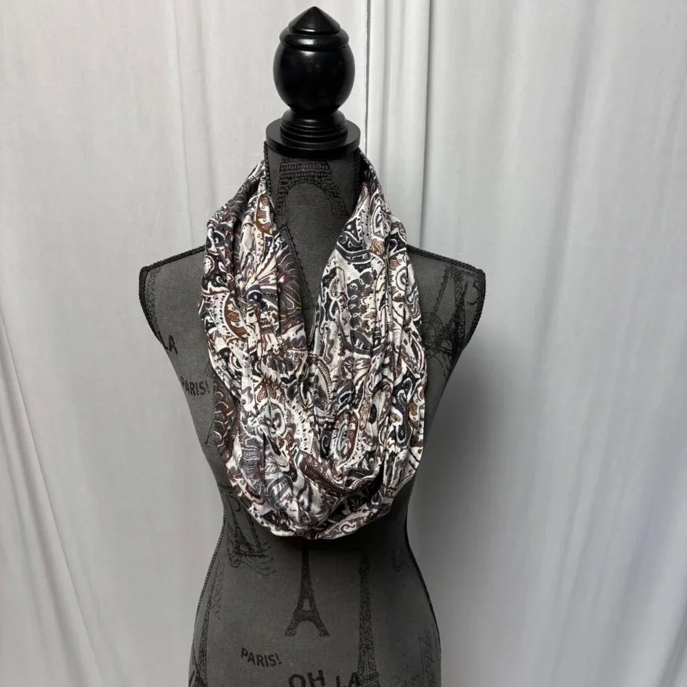 Brown Cream Paisley Infinity Scarf Pleated Classic Boho Earthy Neutral Timeless